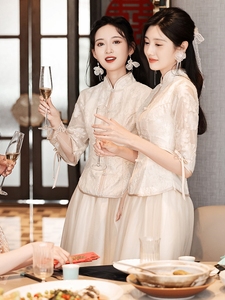 中式伴娘服长款2023秋冬新款显瘦婚礼伴娘团姐妹裙中国风姊妹礼服