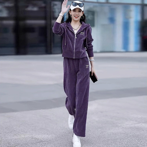 紫色休闲运动套装女秋冬高级感时尚显瘦灯芯绒外套直筒裤两件套潮