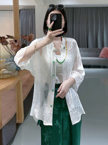 白色真丝上衣女士改良唐装新中式衬衣女夏季薄款外披长袖防晒开衫