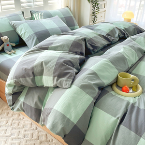 A类色织全棉水洗棉四件套100纯棉床单被套绿色大格子床上用品夏季