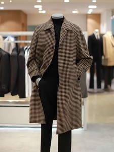 2023年冬季BON韩国代购韩版西装领格子中长纯羊毛呢大衣