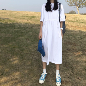 韩国夏季法式小白裙桔梗连衣裙女2024学生超仙收腰设计中长款过膝