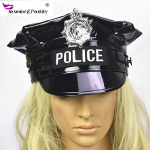 派对帽cosplay黑色police刺绣字母PU皮革警察帽八角军帽皮警帽