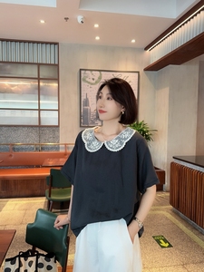 韩国东大门女装夏季甜美休闲风刺绣网纱娃娃领拼接深灰色棉麻短袖