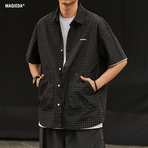 马切达夏季日系格子男士衬衫少年感纯棉黑色衬衣男款休闲工装短袖