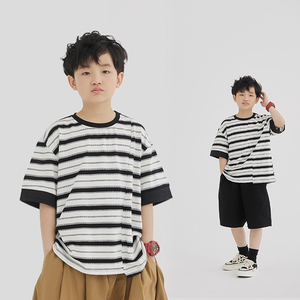 MT原创童装日系男童短袖t恤黑白条纹拼接儿童上衣洋气时髦中大童