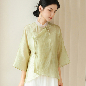 2023夏季女士短袖上衣新中式国风立领上衣套装原创汉服唐装禅茶服