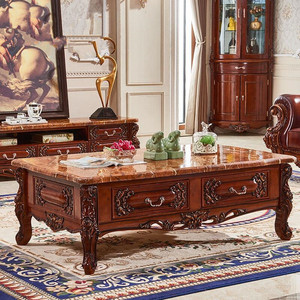 欧式大理石茶几 美式客厅小户型茶桌全实木桌子仿古橡木雕花