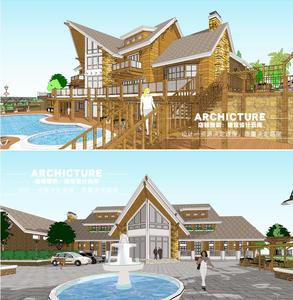 亲水北欧风/坡屋顶/泳池会所活动中心/木结构石头建筑设计/su模型