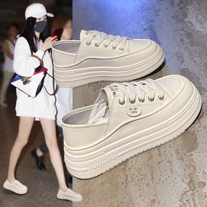 两穿小白鞋女2024夏季新款圆头系带厚底白色薄款百搭休闲松糕板鞋