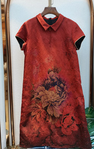 厂家花罗香云纱红色连衣裙夏季女士短袖气质妈妈小个子短款旗袍裙