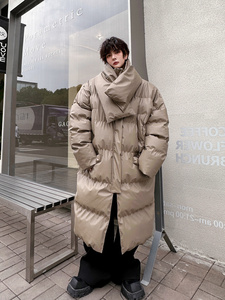2023冬装立领围脖男士加厚中长款PU皮棉衣外套防水保暖棉袄设计感
