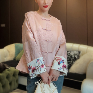 粉色提花新中式外套女袖口刺绣对襟气质复古国风上衣小褂春D4184