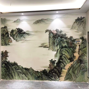 成都墙绘写实风景国画山水壁画酒店茶楼背景墙彩绘3d立体墙体壁画