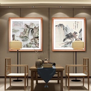 新中式装饰画水墨山水画靠山壁画客厅玄关背景挂画正方形斗方国画