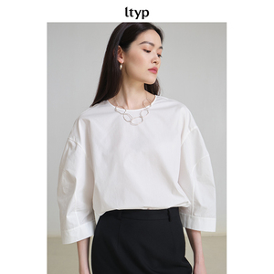 ltyp旅途原品 100%棉休闲个性廓型七分袖小衫纯色圆领宽松衬衫女