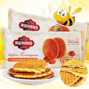 俄罗斯拉丝饼干进口食品290g袋装焦糖炼乳蜂蜜夹心零食拉丝华夫饼