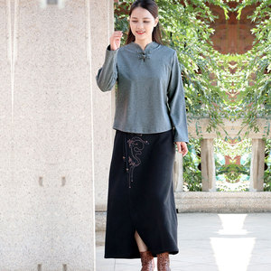 中式女装中国风套装盘扣上衣女唐装品牌服装高端刺绣麻料半身裙