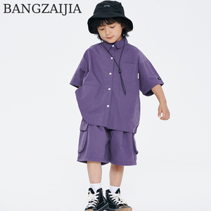 邦仔家童装定制夏款紫色日系工装短袖五分裤组合两件套套装