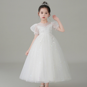 夏季女童白色礼服婚纱裙花童蓬蓬纱公主裙中小童主持人仙女裙