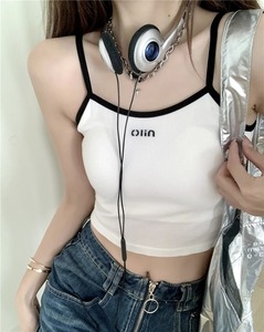 韩版chic字母刺绣撞色吊带背心女夏季小个子外穿美背显瘦短款上衣