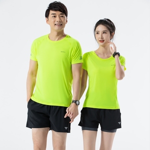 休闲男女同款冰丝运动短袖T恤夏季荧光绿跑步上衣定制印夜跑反光