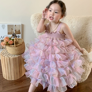 女童夏装吊带裙2024新款连衣裙粉色纱裙三岁女宝宝海边度假裙子