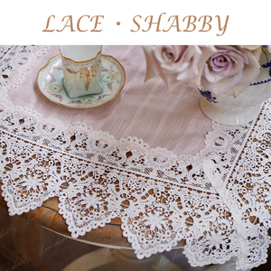 太浪漫了！法式复古风格粉色纯棉镂空绣花蕾丝方形桌布盖巾桌旗