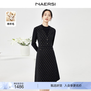 NAERSI/娜尔思绵羊毛半高领毛针织拼接薄呢连衣裙女秋冬新款裙子