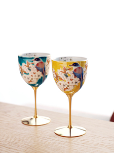 日本进口九谷烧手绘复古瓷樱花雀鸟高脚葡萄红酒杯对杯香槟婚礼物