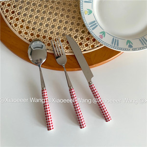 陶瓷餐具套装韩国ins法式红色格子格纹餐勺长柄勺子甜品叉水果刀