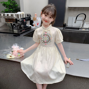 女童国风连衣裙夏2024新款新中式汉服旗袍短袖白色洋气大公主裙子