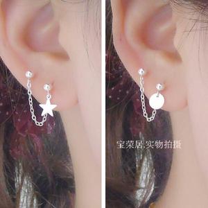 双耳洞连线纯银耳环 通体925素银连体星星圆片两耳洞耳钉个性线钉