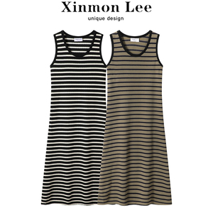 XinmonLee设计感显瘦条纹连衣裙女秋季无袖背心内搭打底气质长裙