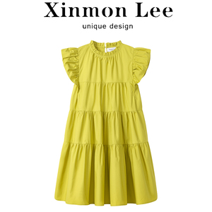 XinmonLee韩版设计感木耳边宽松显瘦连衣裙夏季气质芥绿娃娃裙女