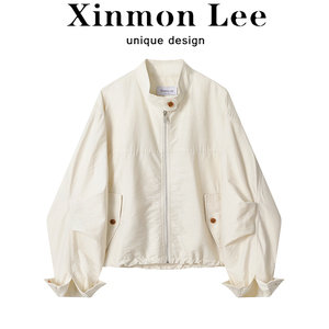 XinmonLee韩版气质卡其色短款外套春季新款女设计感立领宽松上衣