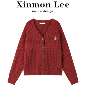 XinmonLee超好看过年红色麻花毛衣外套开衫女士小熊百搭针织上衣