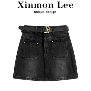 XinmonLee美式复古高腰显瘦牛仔半身裙秋季女士休闲包臀A字短裙