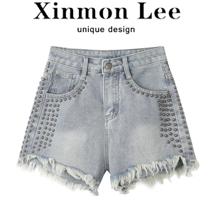 XinmonLee美式复古浅色毛须边高腰牛仔短裤显瘦设计感铆钉热裤女