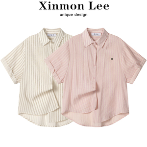 XinmonLee港味复古条纹短袖衬衫女夏小众设计感休闲宽松显瘦上衣
