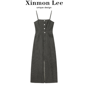 XinmonLee气质复古收腰显瘦吊带波点牛仔连衣裙女夏季韩式背带裙