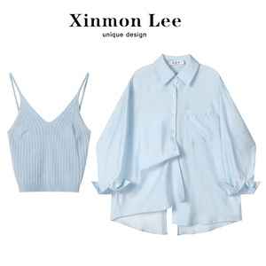 XinmonLee蓝色防晒衬衫外套女春季中长款设计感小众长袖上衣衬衣