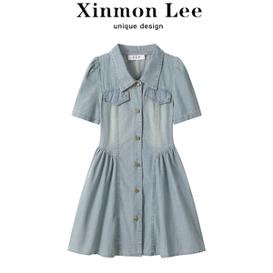 XinmonLee港风复古牛仔泡泡袖连衣裙夏季女气质洋气收腰显瘦短裙