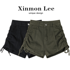 XinmonLee设计感抽绳高腰a字阔腿牛仔短裤子夏季显瘦女装2024新款