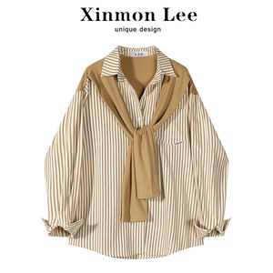 XinmonLee条纹披肩假两件气质上衣长袖衬衫2024春秋季新款女衬衣
