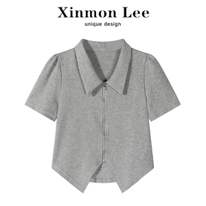 XinmonLee不规则短袖polo衬衫女装夏季薄款高级感修身翻领短上衣