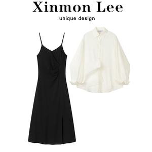 XinmonLee高级感复古褶皱吊带连衣裙开叉夏季女防晒衬衫两件套装