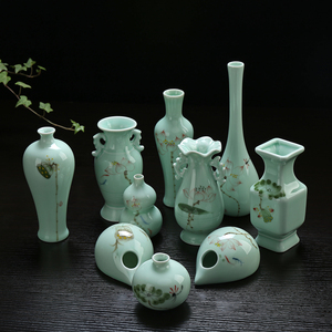 茶艺手绘小花瓶青瓷摆件水养植物器皿铜钱草水培绿萝容器陶瓷龙泉