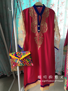特价 东南亚民族风尼泊尔旅行长款连衣裙蕾丝袖重工刺绣印度休闲