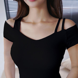 2024春季新款韩版紧身黑色打底衫漏肩t恤女短袖V领显瘦一字领上衣